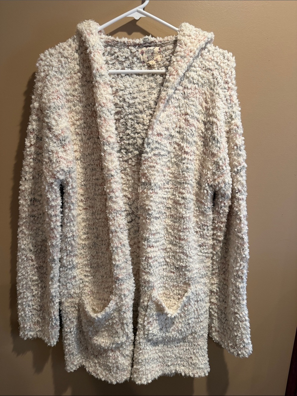 Hippie Rose Cream Hooded Popcorn Knit Cardigan with Pockets